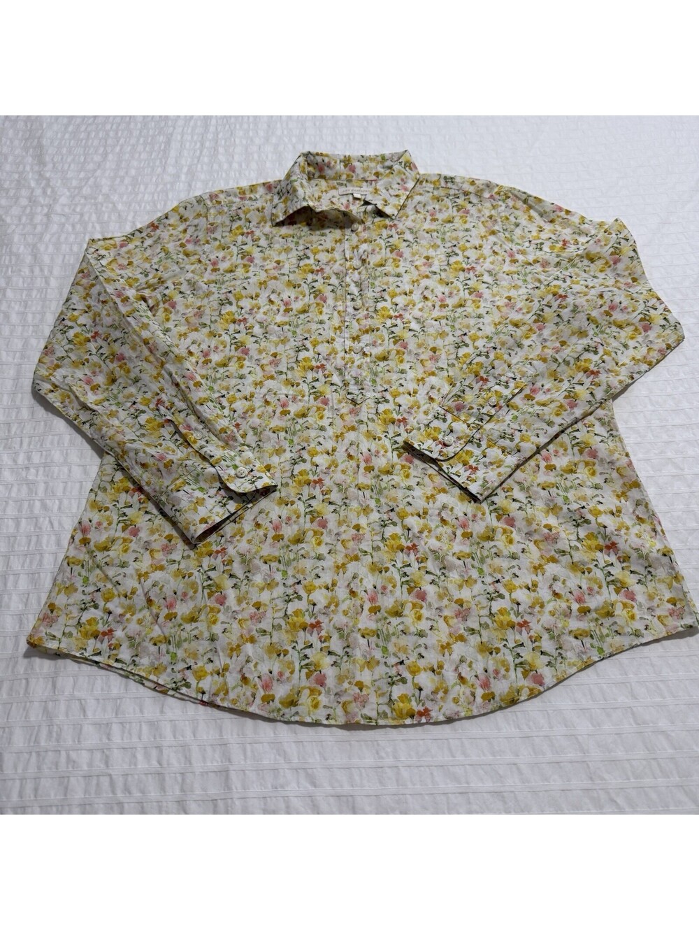 Ann Mashburn Button Up Shirt Long Sleeve Ditsy Yellow Pink Floral Cotton Large